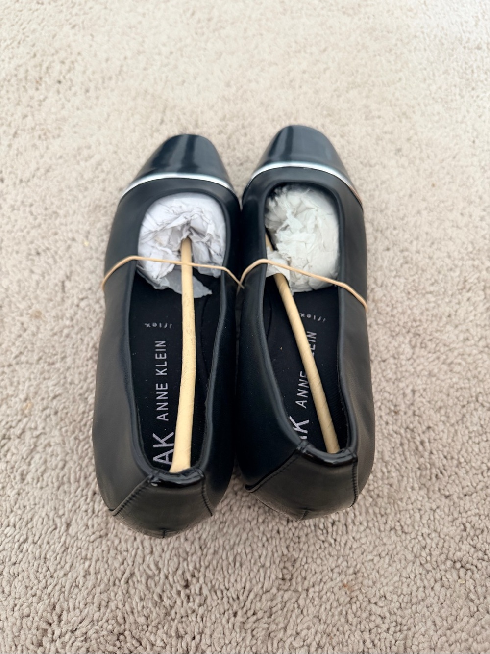 Anne Klein Black Leather Square-Toe Flats with Silver Trim